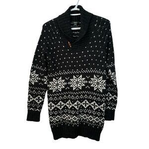 Roots Black White Snowflake Cowl Neck Sweater XS Wool Blend Toggle Cozycore